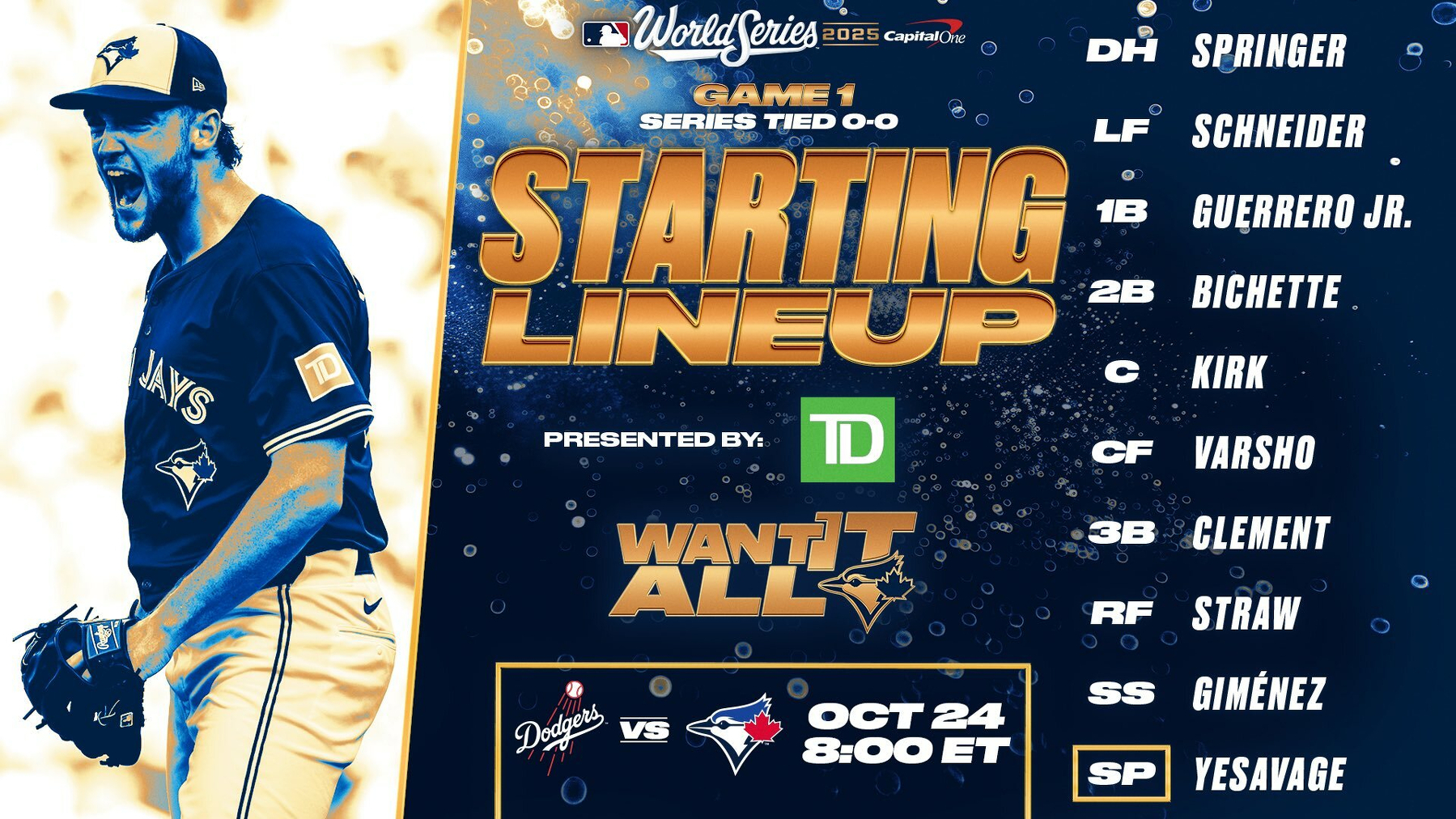 A Toronto Blue Jays player is featured alongside the team's starting lineup for Game 1 of the 2023 World Series against the Dodgers on October 24 at 8:00 PM ET.